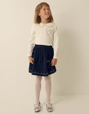 Bow Embellished Top & Corduroy Skirt Set, Blue (NAVY), large