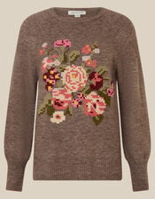 Carri Floral Cross Stitch Crew Neck Jumper, Mink (MINK), large