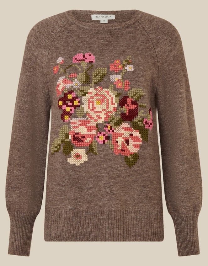Carri Floral Cross Stitch Crew Neck Jumper, Mink (MINK), large