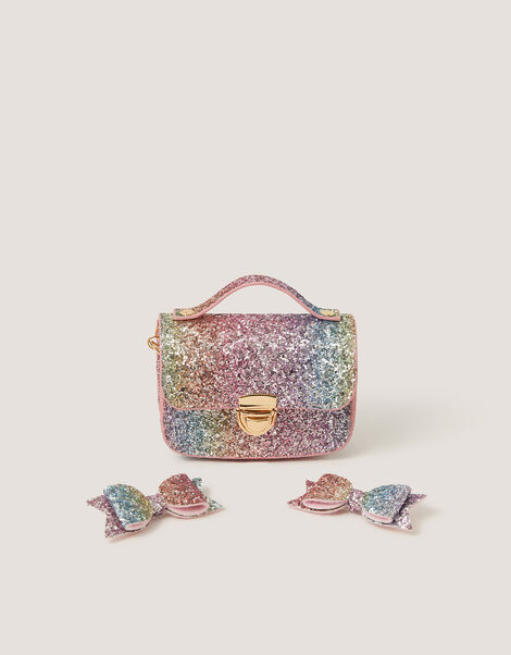 Rainbow Glitter Satchel Bag & Hair Clips Set, , large