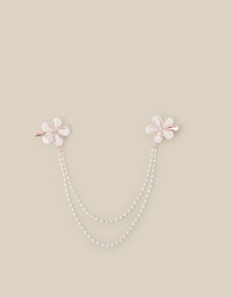 Flower Pearl Double Chain Hair Clip, , large