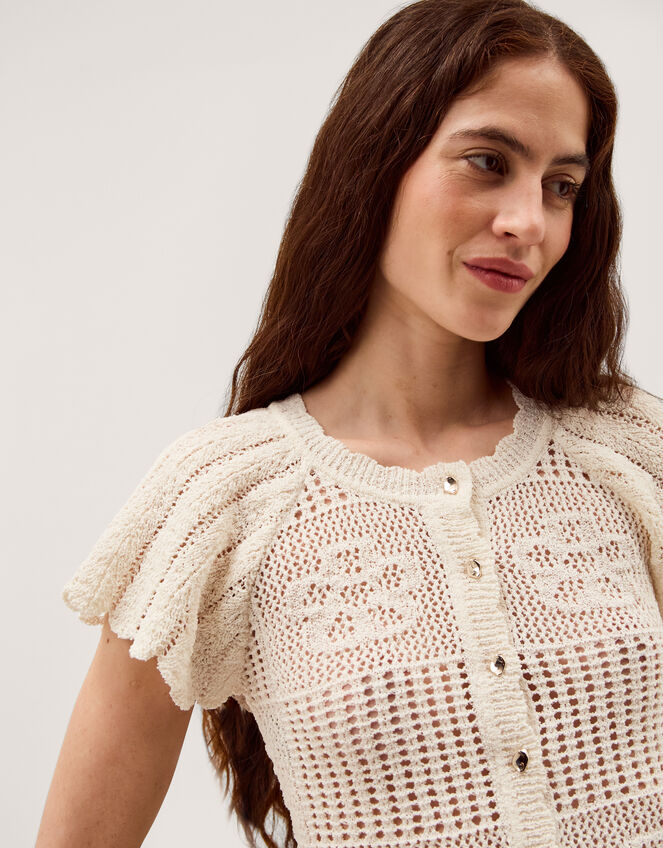 Indi Short Sleeve Floral Pointelle Cardigan, Ivory (IVORY), large