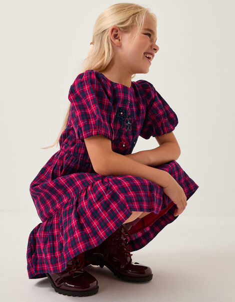 Floral Tartan Puff Sleeve Dress, Red (RED), large