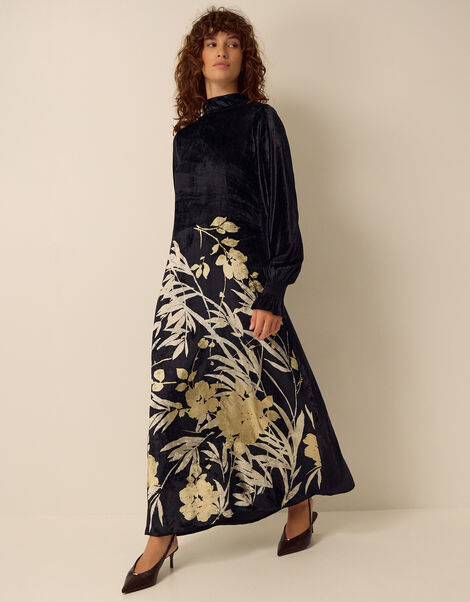 Clemence Paloma High Neck Floral Print Velvet Midi Dress, Black (BLACK), large