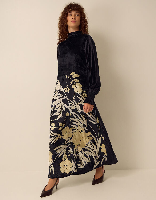 Clemence Paloma High Neck Floral Print Velvet Midi Dress, Black (BLACK), large