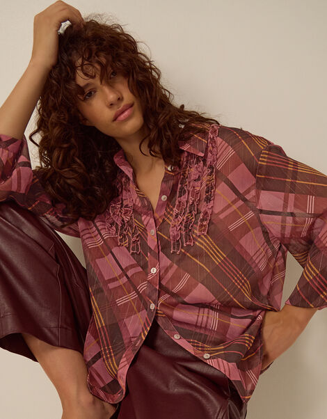 Melinda Ruffle Check Shirt, Pink (PINK), large