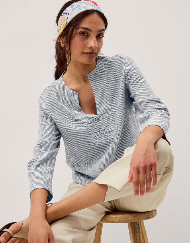 Alexis Stripe Linen-Blend Top, Blue (NAVY), large