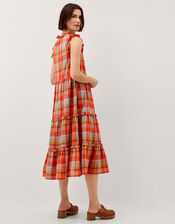Cecily Checkered Tiered Midi Dress, Orange (ORANGE), large