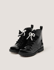 Bow Patent Lace-Up Boots, Black (BLACK), large