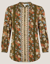 Olive Floral Print Jersey Shirt, Green (KHAKI), large
