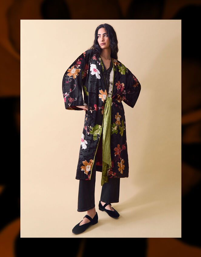 Clemence Camille Floral Velvet Kimono, Black (BLACK), large