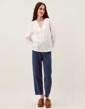 Jayla V-Neck Lace Linen Blouse, White (WHITE), large