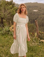 Stripe Jacquard Belted Tiered Dress with LENZING&trade; ECOVERO&trade;, Green (GREEN), large