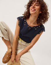 Gaia Floral Cutwork Top, Blue (NAVY), large