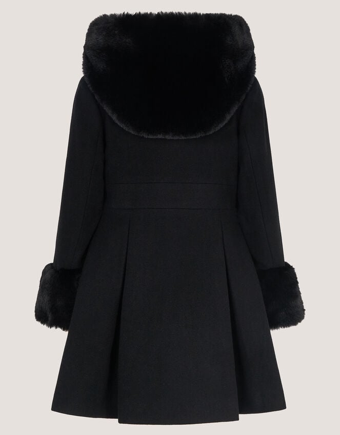 Bow Faux Fur Double-Breasted Coat, Black (BLACK), large