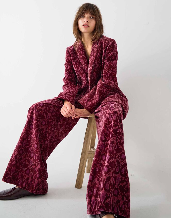 East Jude Print Velvet Wide Leg Trousers, Red (BERRY), large
