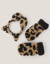 Leopard Faux Shearling Earmuff & Mitten Set, Multi (MULTI), large