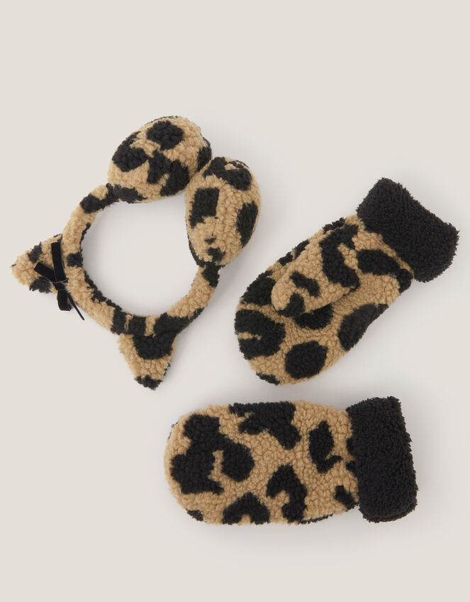 Leopard Faux Shearling Earmuff & Mitten Set, Multi (MULTI), large