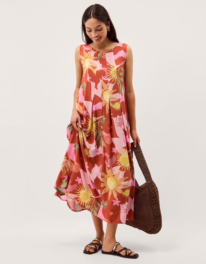 Anissa Sun Print Pleated Midi Dress, Orange (ORANGE), large