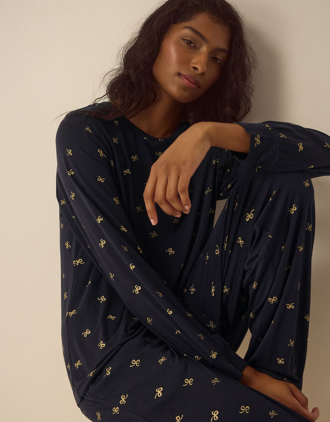 Betsy Foil Bow Jersey Long Pyjamas Set, Blue (NAVY), large
