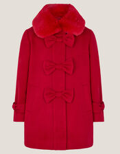 Faux Fur Collar Bow Coat, Red (RED), large