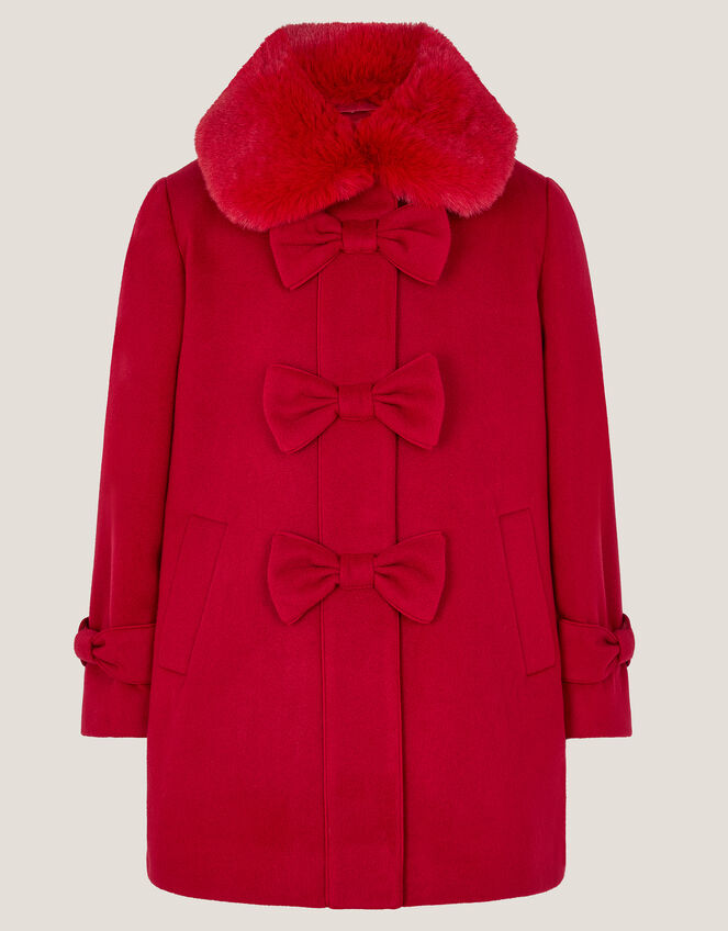 Faux Fur Collar Bow Coat, Red (RED), large