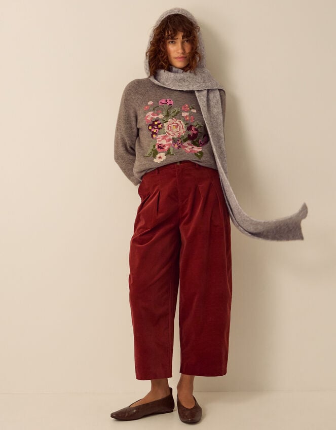 Carri Floral Cross Stitch Crew Neck Jumper, Mink (MINK), large
