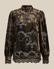 Jaz High Neck Paisley Devor&eacute; Top, Green (OLIVE), large