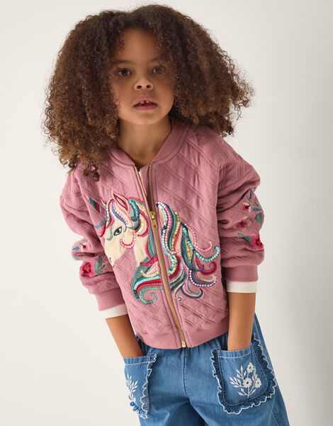 Embellished Unicorn Quilted Bomber Jacket, Pink (PINK), large