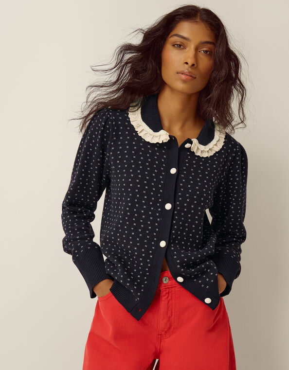 Camila Broderie Collar Cardigan, Blue (NAVY), large