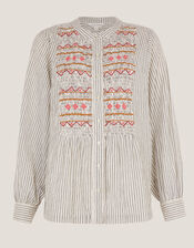 Hettie Embroidered Shirred Stripe Shirt, Black (BLACK), large