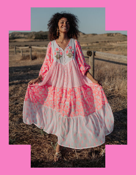 Piti Cuiti Floral Tiered Maxi Dress, Orange (CORAL), large