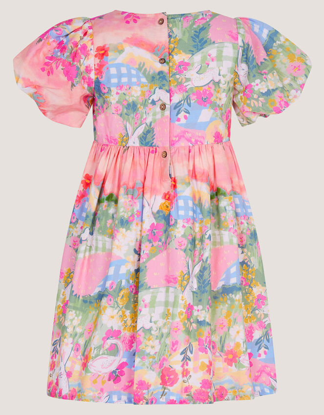 Bunny Scene Puff Sleeve Dress, Yellow (YELLOW), large