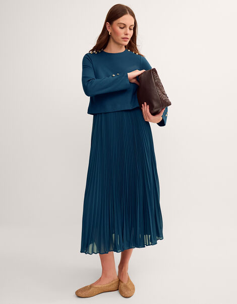 Penny Long Sleeve Pleated Midi Dress, Teal (TEAL), large
