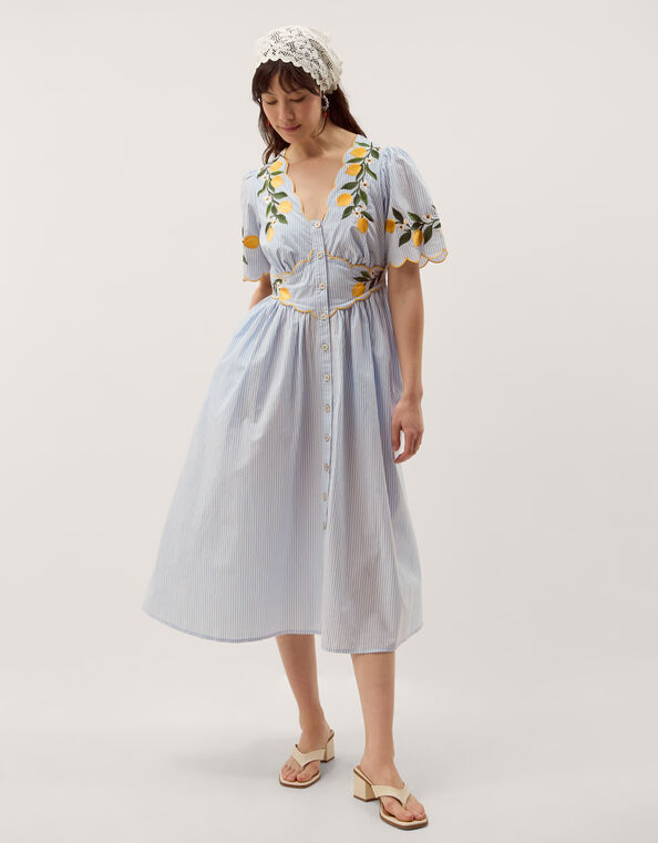 Marisol Lemon Embroidered Stripe Midi Dress, Blue (BLUE), large