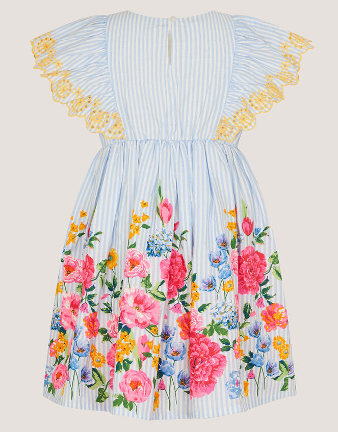 Floral Stripe Broderie Sleeve Dress, Blue (BLUE), large