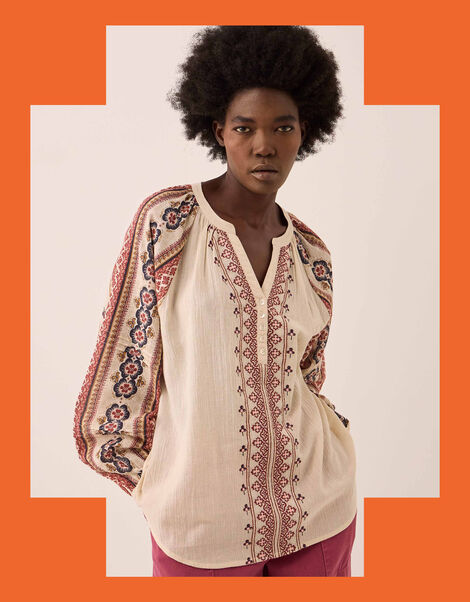 East Gabriette Floral Print Cotton Blouse, Ivory (IVORY), large