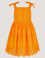 Broderie Pleated Cotton Dress, Orange (ORANGE), large