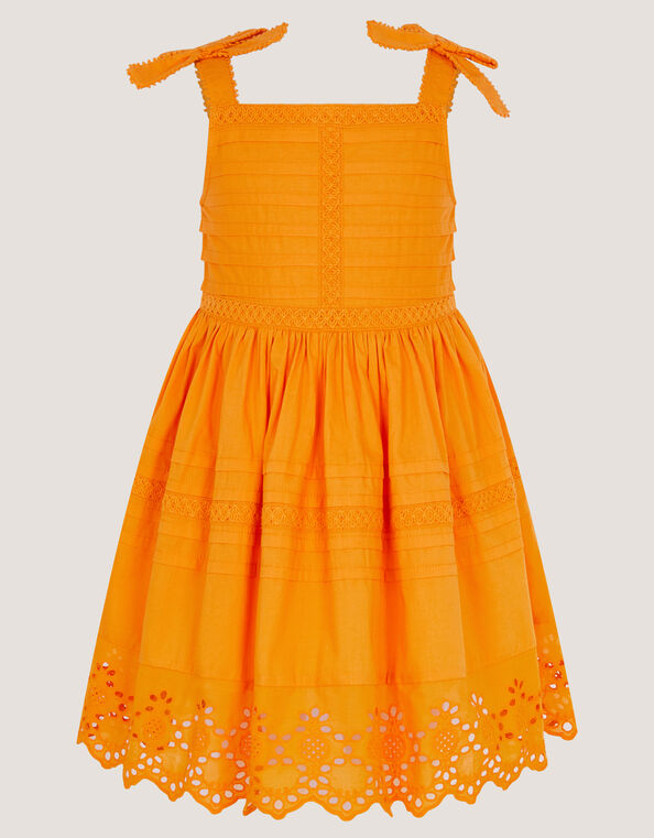 Broderie Pleated Cotton Dress, Orange (ORANGE), large