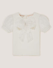 Embellished Puff Sleeve Bow T-Shirt, Ivory (IVORY), large