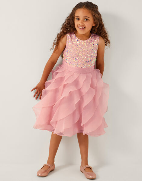 Sequin Waterfall Ruffle Party Dress, Pink (PINK), large
