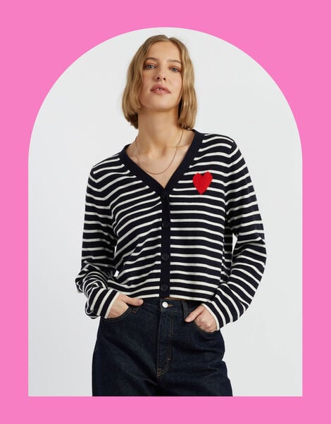 Chinti & Parker Heart Stripe Cardigan, Blue (NAVY), large