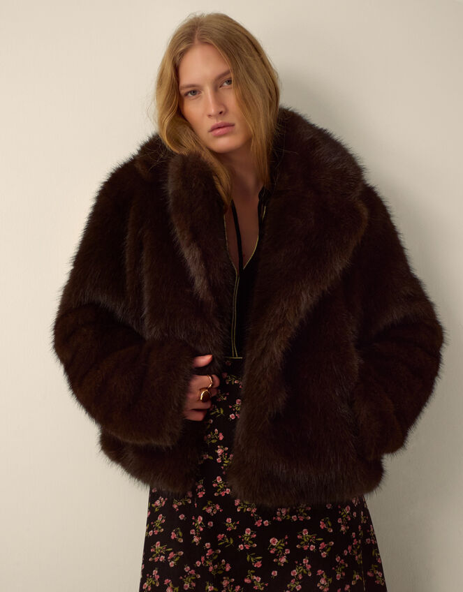 Monsoon x Queens of Archive Betty Short Faux Fur Coat​, Brown (BROWN), large
