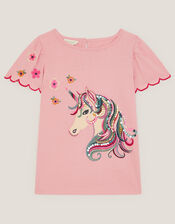 Embroidered Sequin Unicorn T-Shirt, Pink (PINK), large