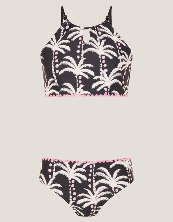 Palm Print Bralette Bikini Set, Black (BLACK), large