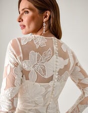 Milena Long Sleeve Floral Embroidered Mesh Wedding Dress, Ivory (IVORY), large