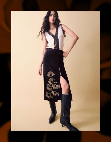 Clemence Alise Floral Embellished Velvet Midi Skirt, Black (BLACK), large