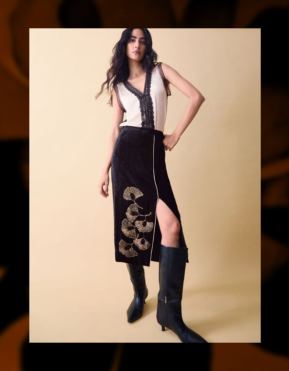 Clemence Alise Floral Embellished Velvet Midi Skirt, Black (BLACK), large