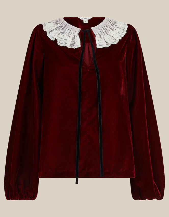 Monsoon x Queens of Archive Phoebe Lace Collar Velvet Top​, Red (RED), large