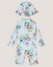 Baby Floral Stripe UPF50+ Swimsuit & Sun Hat, Blue (BLUE), large